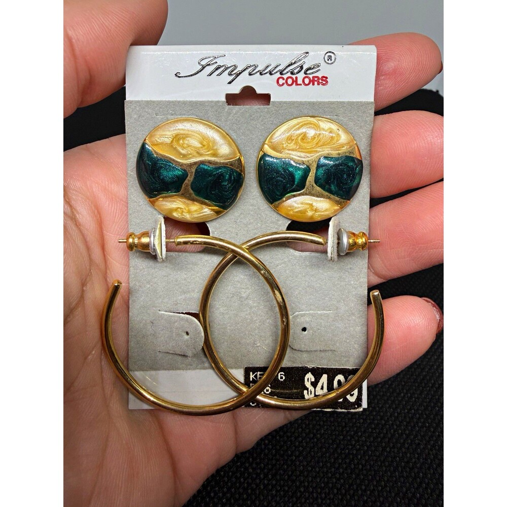 Vintage Impulse Colors Gold Tone Hoop & Abstract Teal Enamel Stud Earrings